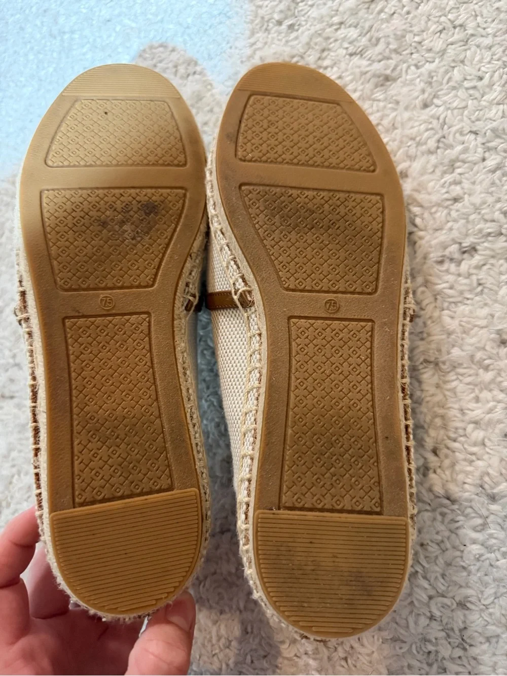 Tory Burch Cream Canvas Espadrille Flats with Tan Logo Accent